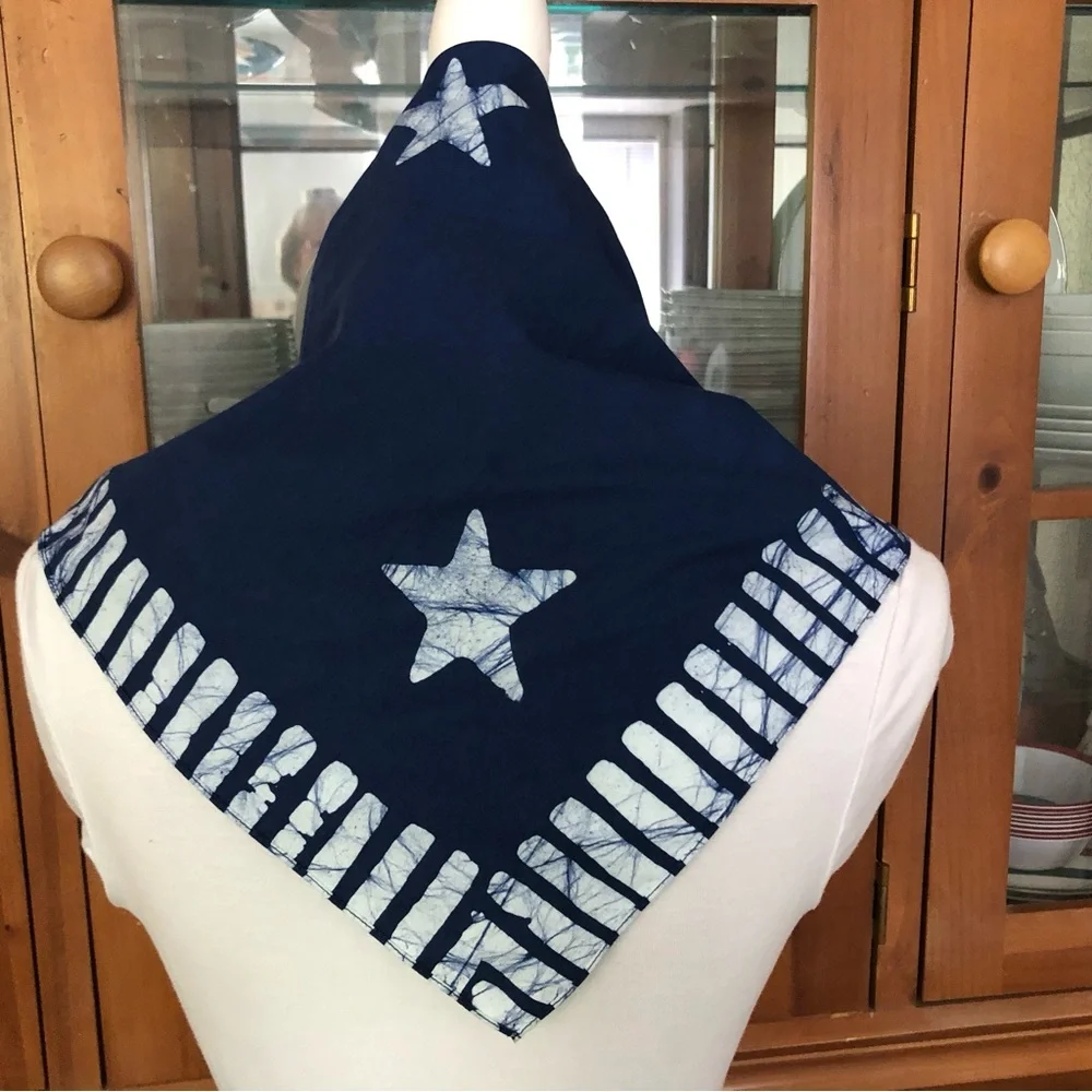 New Navy Star Pattern Bandana with White Batik Accents - Picture 2 of 7